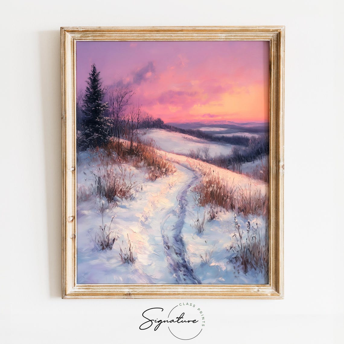 Snowy Path Through Soft Rolling Hills Pink Dusk Landscape Poster