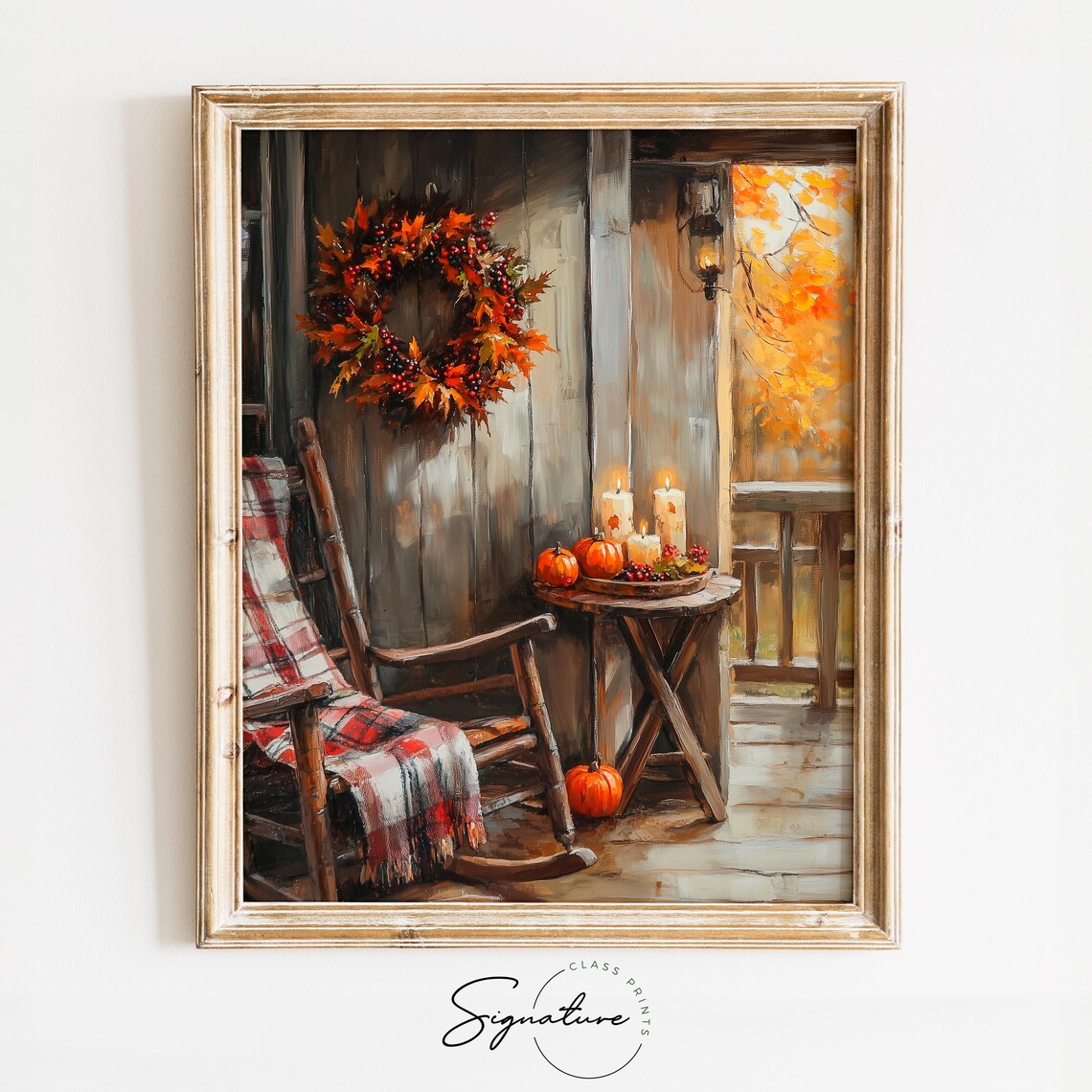 Cozy Fall Porch Rocking Chair Plaid Blanket Wreath Candles Poster