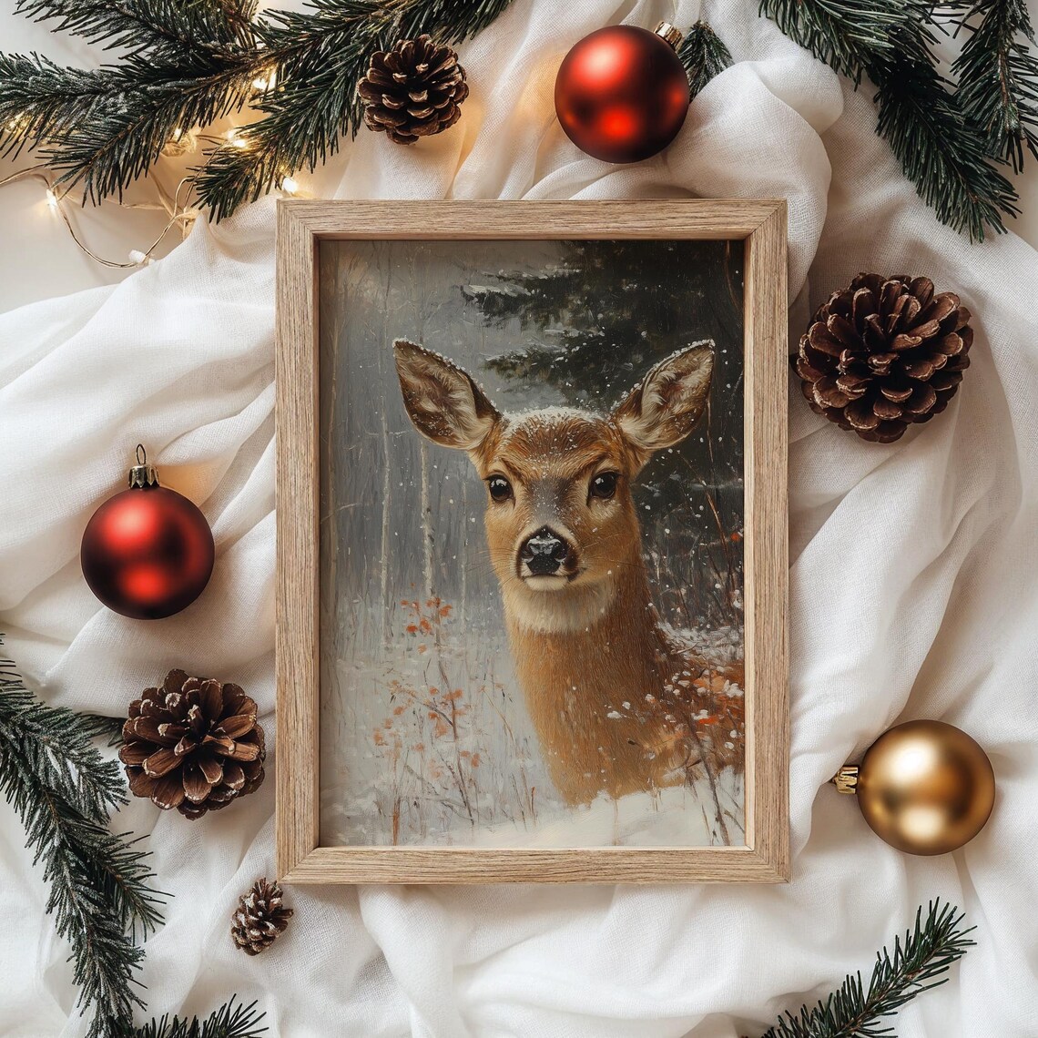 Doe Portrait in Snowy Forest Winter Wildlife Oil Painting Print - Image 4
