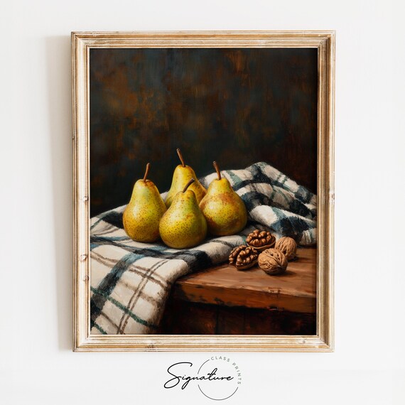 Rustic Still Life with Pears Walnuts and a Checkered Cloth Harvest Poster