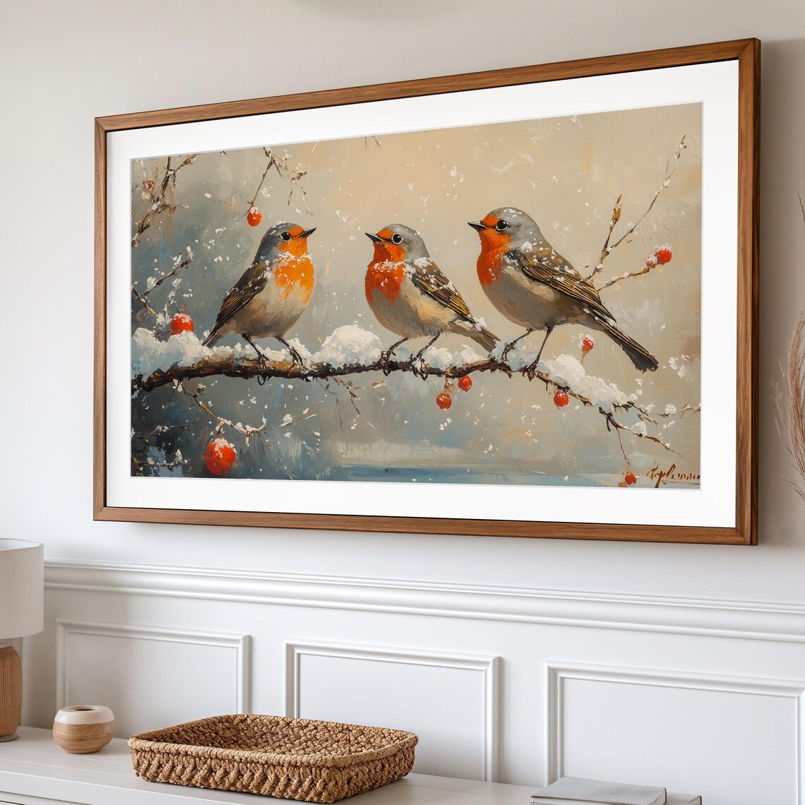 Robin Trio Snowy Branch Red Berries Winter Birds Gentle Snowfall Poster - Image 2