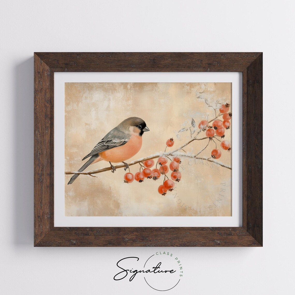 Coral Bullfinch On Frosty Rosehip Branch Vintage Bird Art Poster - Image 4