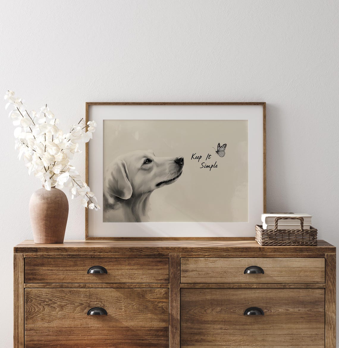 Keep It Simple White Dog Portrait With Butterfly Minimal Wall Art - Image 2