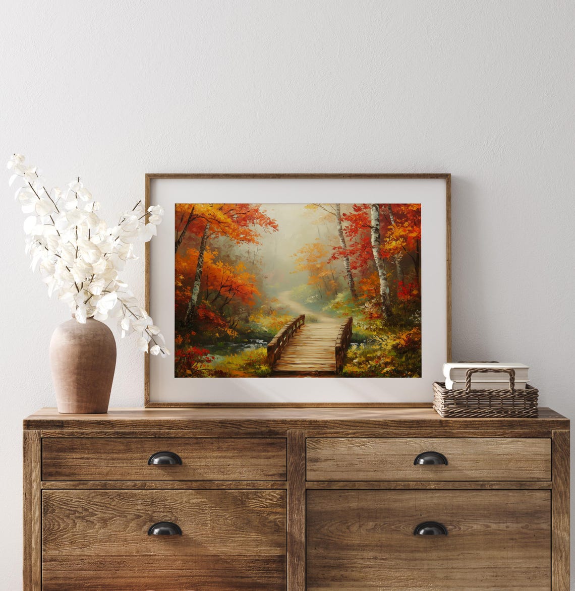 Misty Forest Path With Wooden Bridge Over Stream Autumn Poster - Image 3