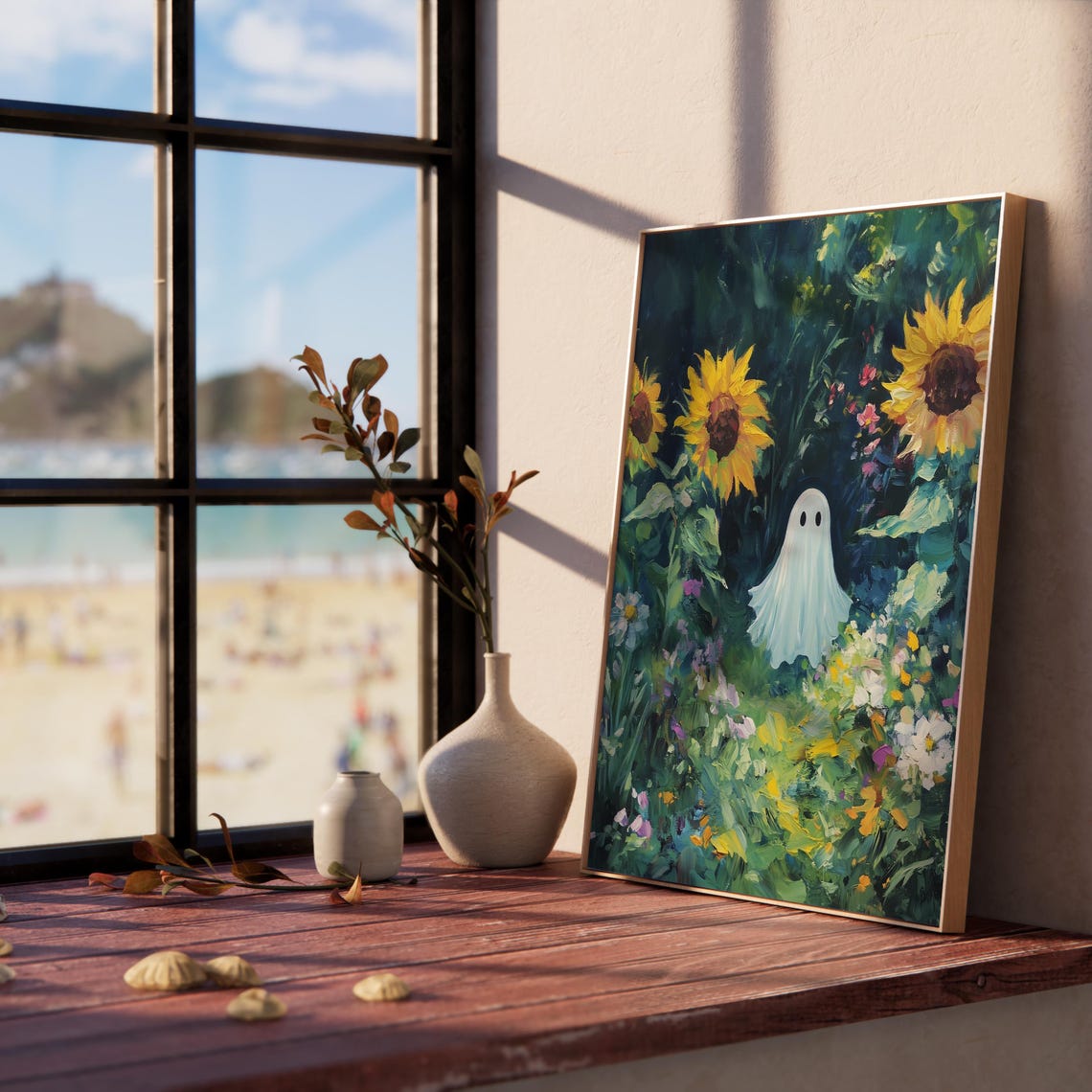 Tiny White Ghost Dark Sunflower Garden Wildflowers Whimsy Poster - Image 5