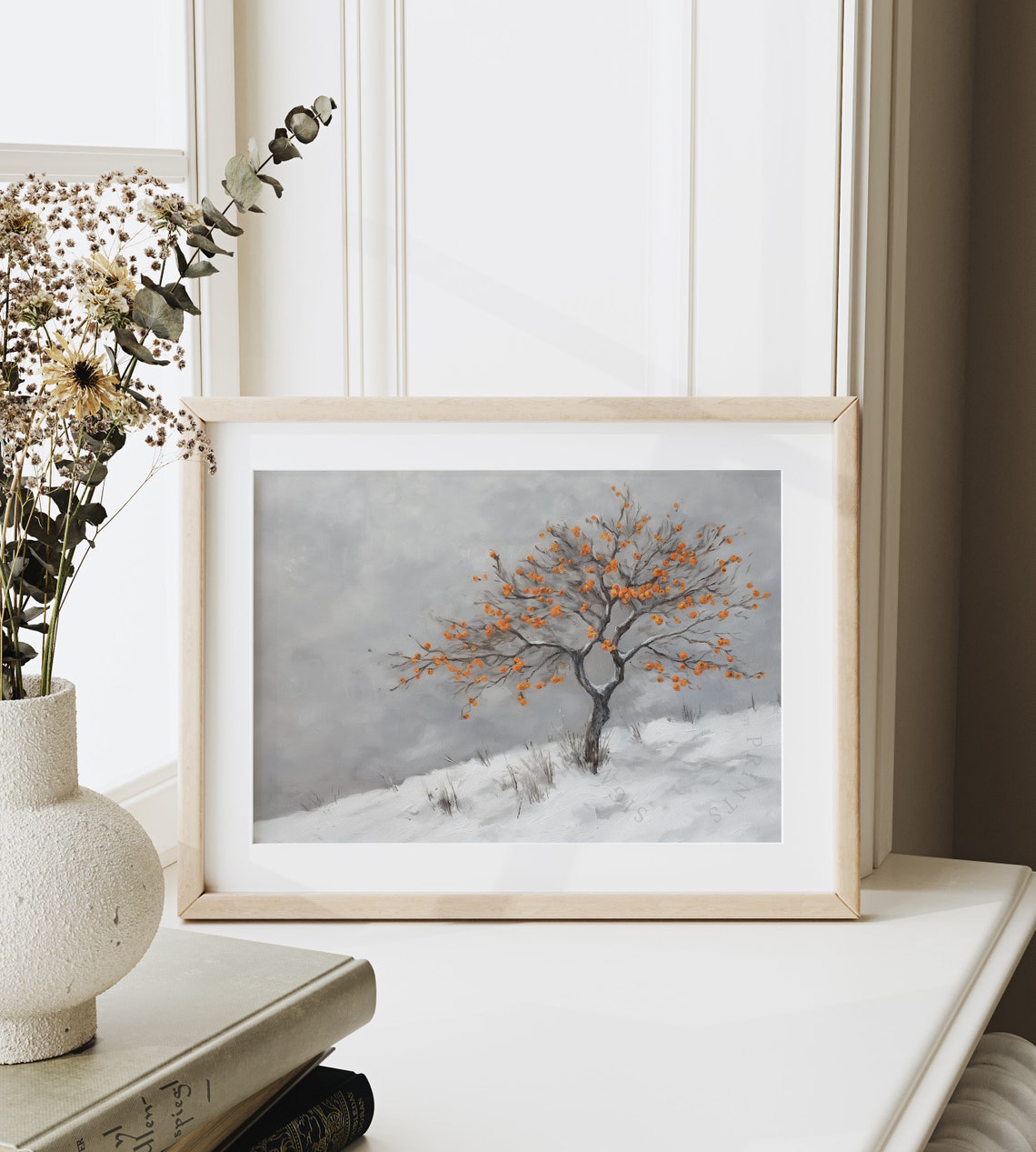 Lone Persimmon Tree With Orange Fruit Winter Snow Hillside Poster - Image 6