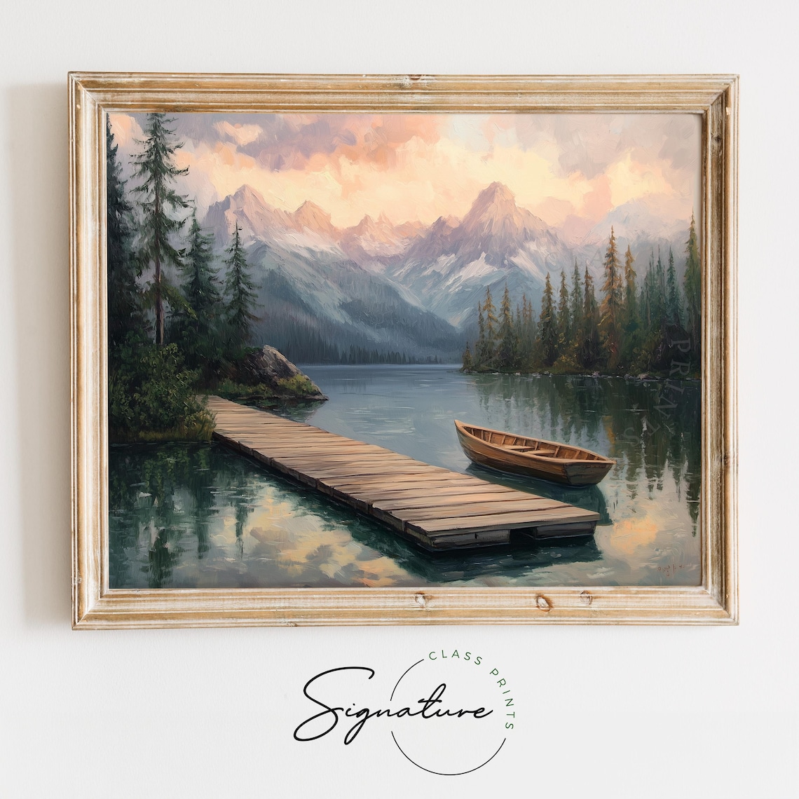 Alpine Lake Wooden Dock Rowboat Snowy Peaks Sunrise Landscape Painting