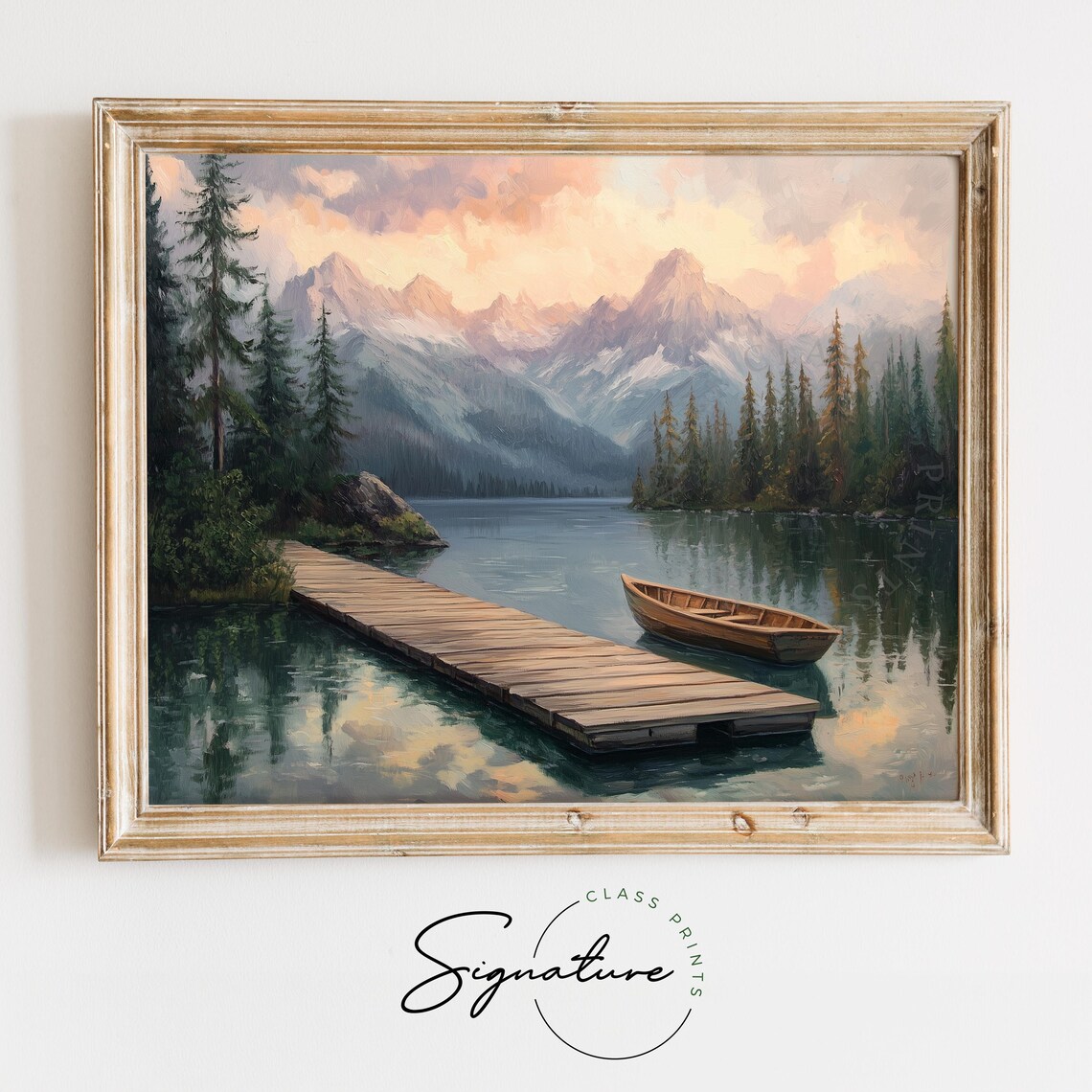 Swiss Lakeside Dock With Mountain View Tranquil Cottagecore Landscape Painting Rustic Nature Wall Art Earthy Artwork 3609