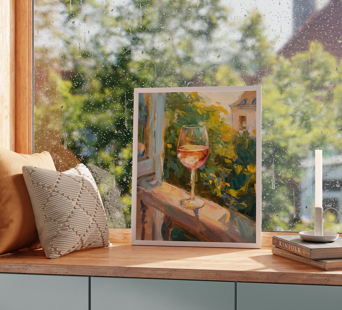 Glass Of Rose Wine On Balcony Sunlit Garden View Painting Poster - Image 2
