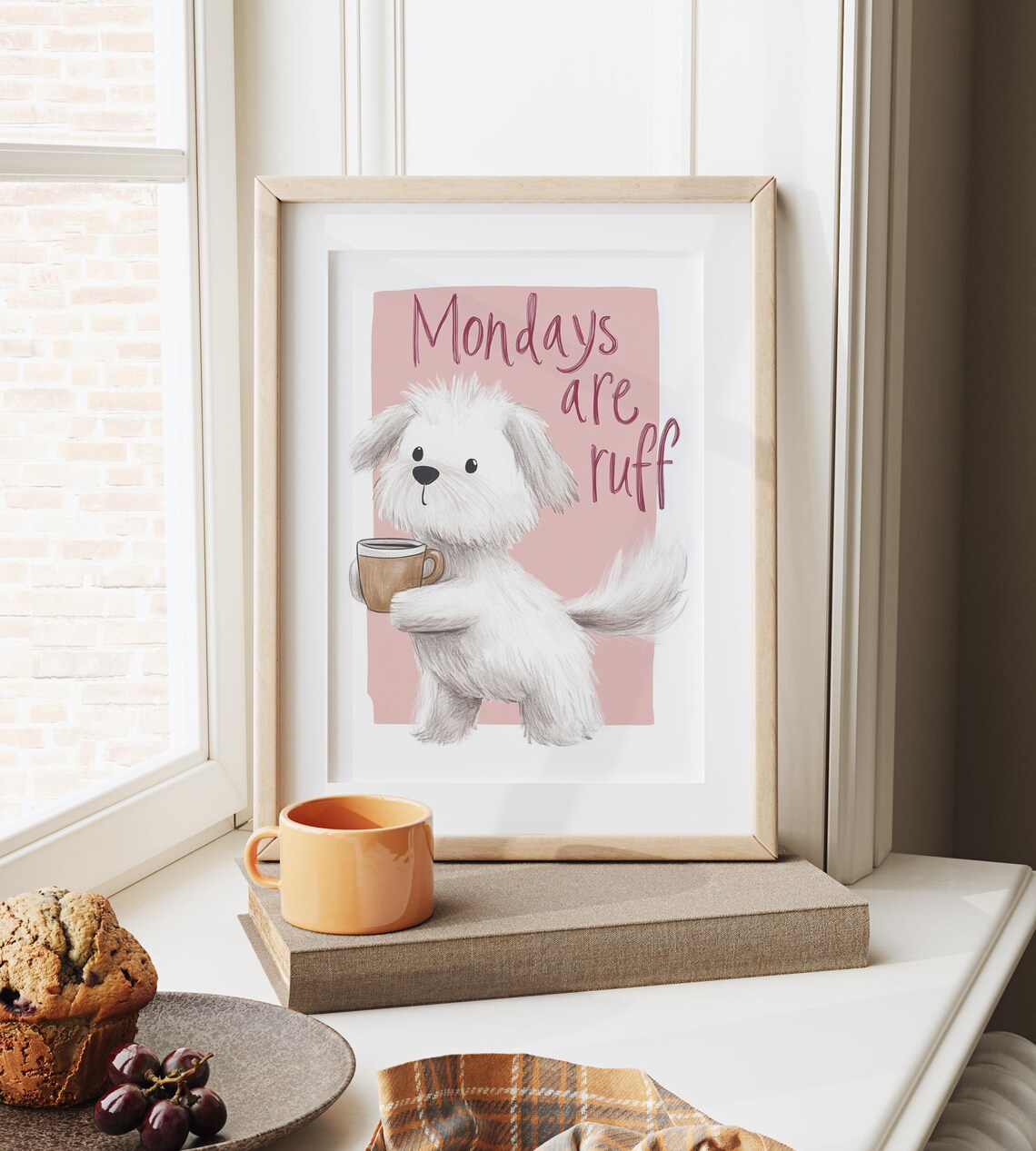 Mondays Are Ruff Funny White Puppy Coffee Retro Pink Wall Art - Image 6