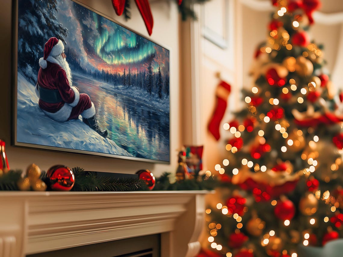 Santa Claus Watching Northern Lights Over Frozen Lake Christmas Poster - Image 5