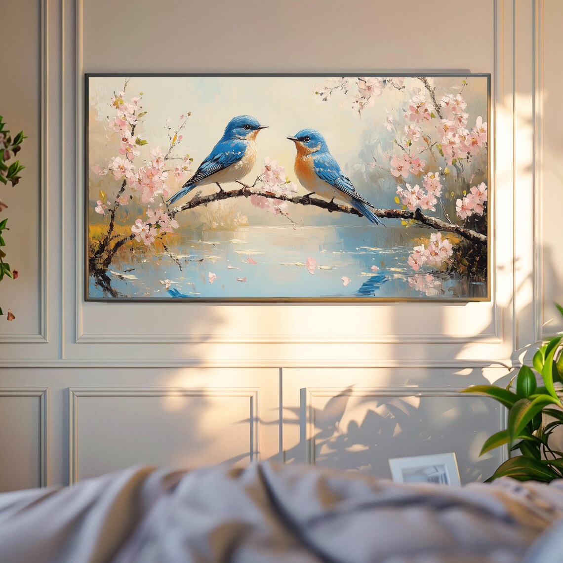 Bluebirds Pair Cherry Blossom Branch Spring Birds Pink Flowers Water Poster - Image 4