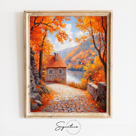 Stone Cottage By The River At The End Of A Golden Cobblestone Lane Poster