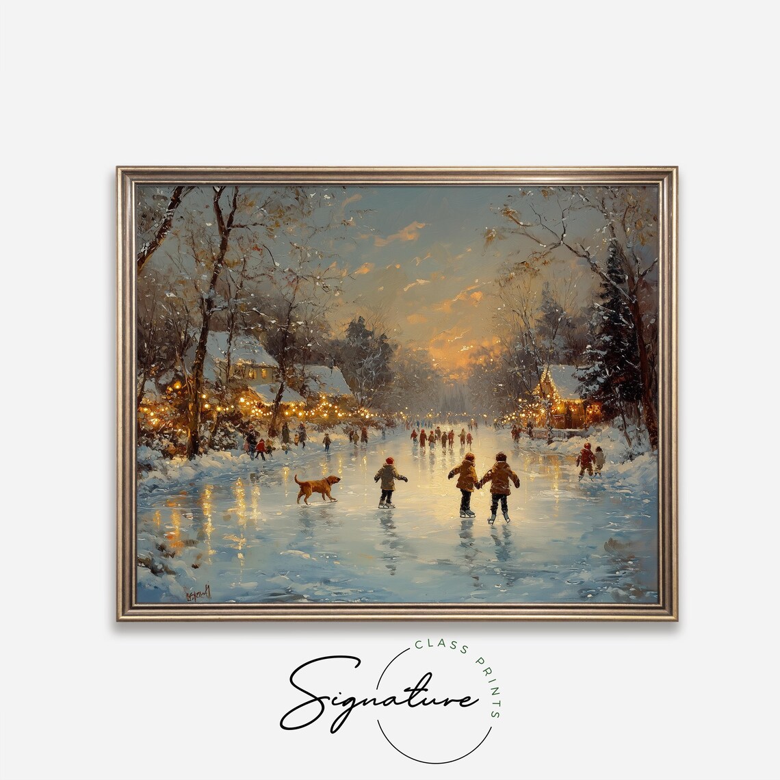 Children Ice Skating on a Frozen Pond in a Snowy Village Sunset Poster - Image 4