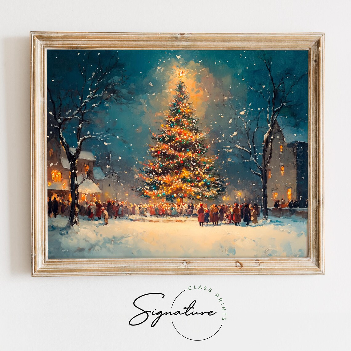 Glowing Christmas Tree in Snowy Night Town Square Winter Scene Poster