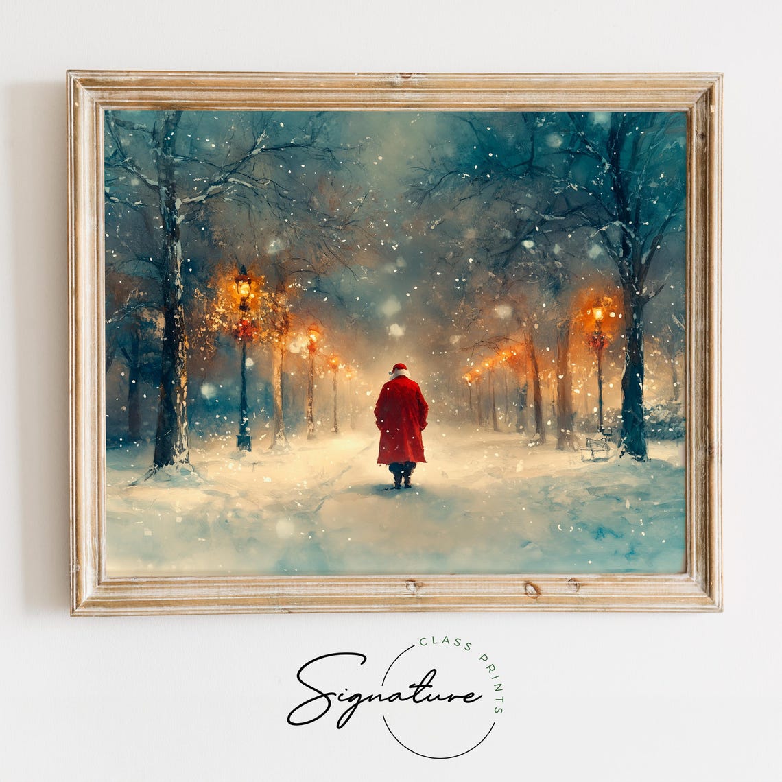 Santa Claus Walking A Snowy Lamp Lit Park Path On Christmas Poster