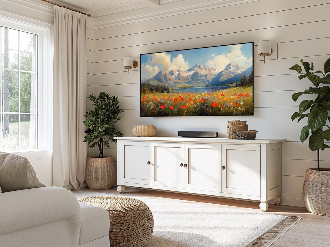 Alpine Lake Red Poppy Meadow Snow Peaks Colorful Landscape Wall Art - Image 5