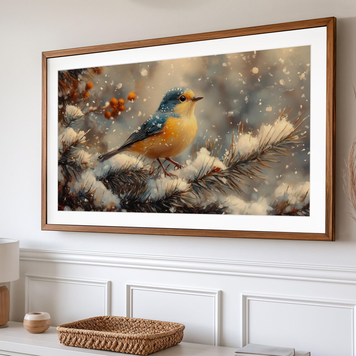 Goldfinches In Snowy Winter Scene Art Print - Image 2