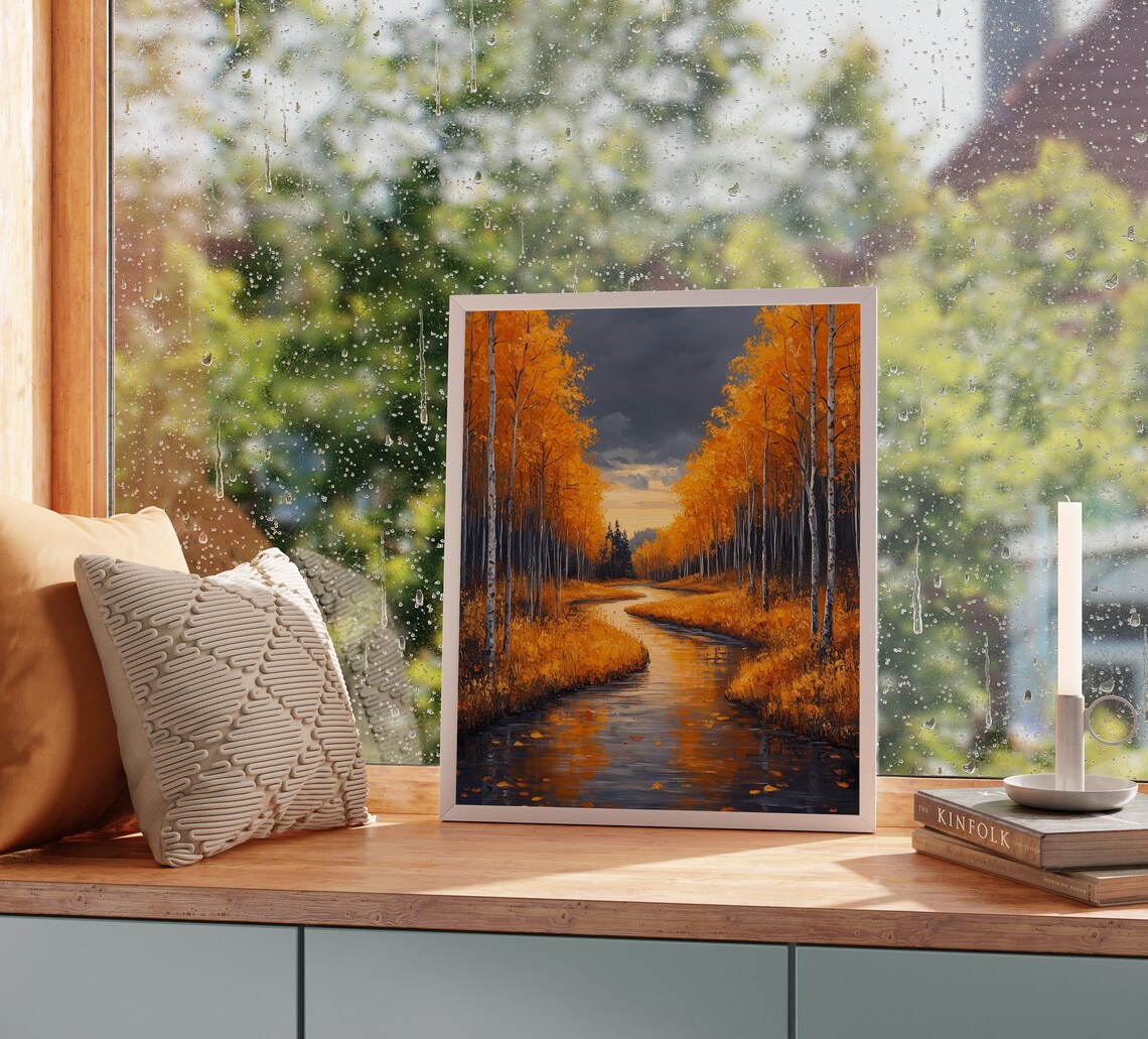 Birch Forest River Painting Golden Autumn Stormy Sky Fall Landscape Poster - Image 2