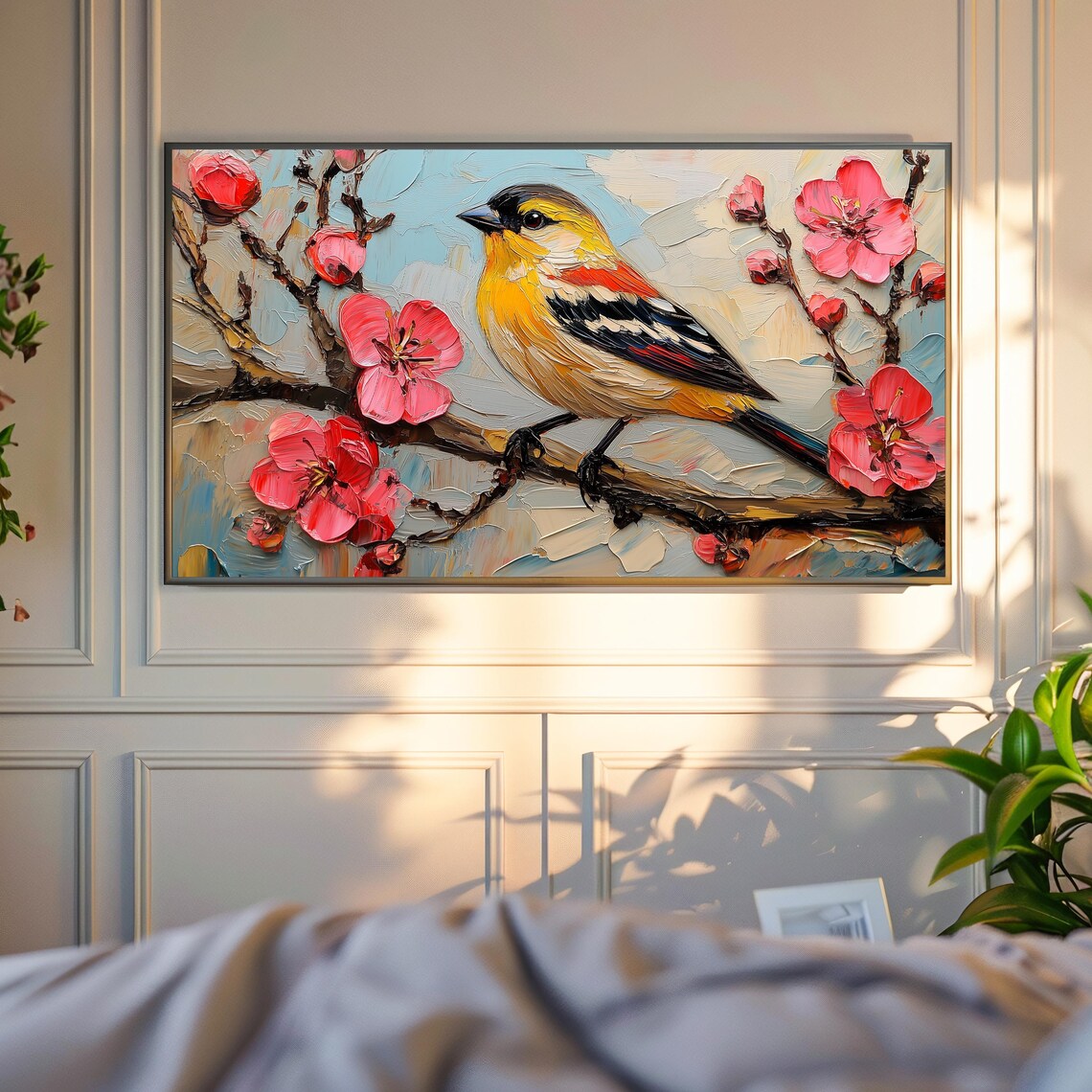 Goldfinch Pink Plum Blossom Branch Colorful Bird Spring Floral Painting Poster - Image 4