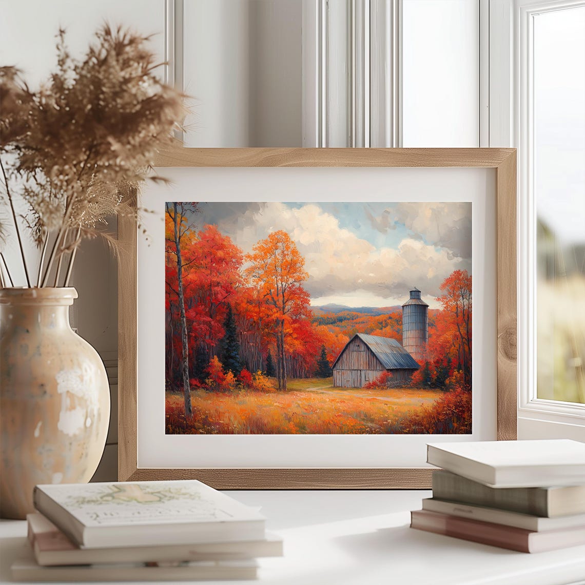Old Barn and Silo Surrounded by Fiery Red Autumn Trees Poster - Image 2