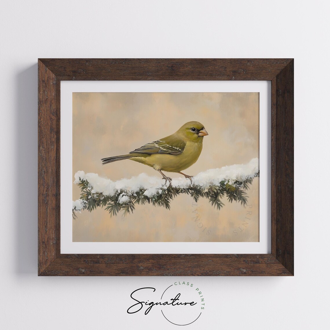 Soft Greenfinch on Snowy Cedar Branch Winter Bird Painting Poster - Image 4