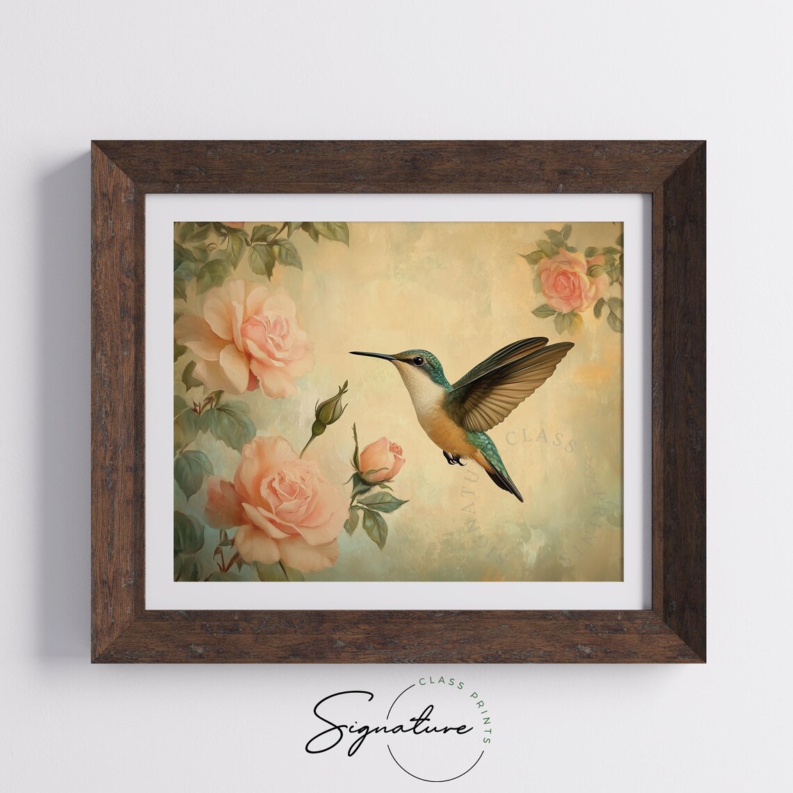 Hummingbird Among Peach Roses Vintage Floral Bird Art Poster - Image 3