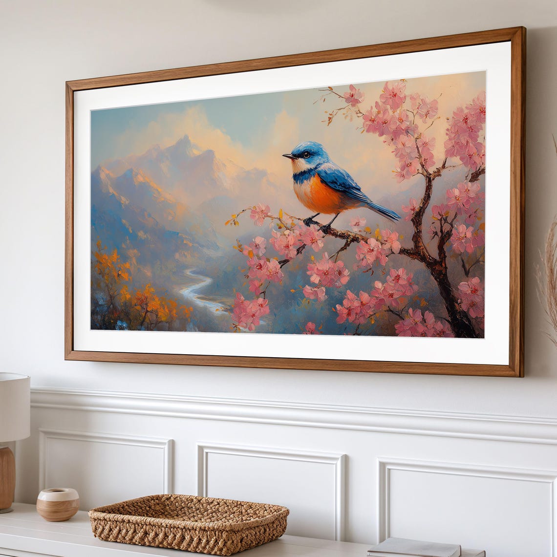 Bluebird On Cherry Blossom Branch Over Mountain Valley Poster - Image 2