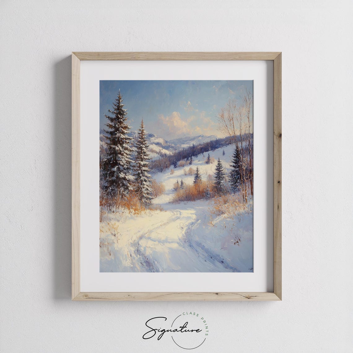Sunny Winter Mountain Valley with Tall Pines under Blue Sky Poster - Image 2