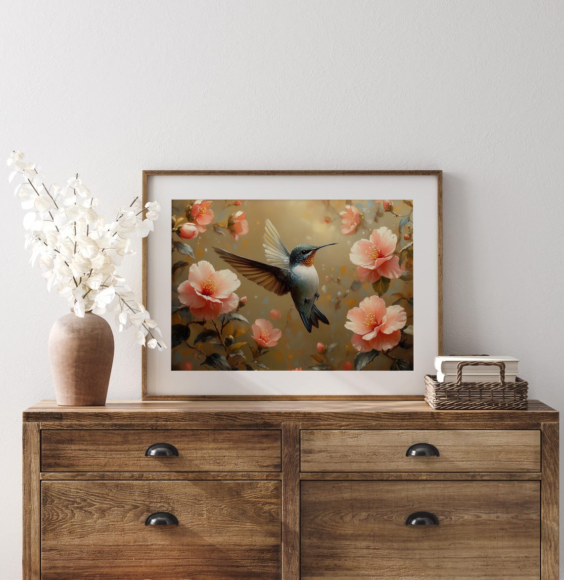 Hummingbird Amid Rosy Pink Camellia Flowers Golden Ethereal Wall Art - Image 2