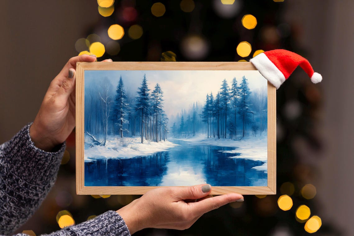Frozen River Snow Forest Winter Blue Wonderland Landscape Wall Art - Image 3