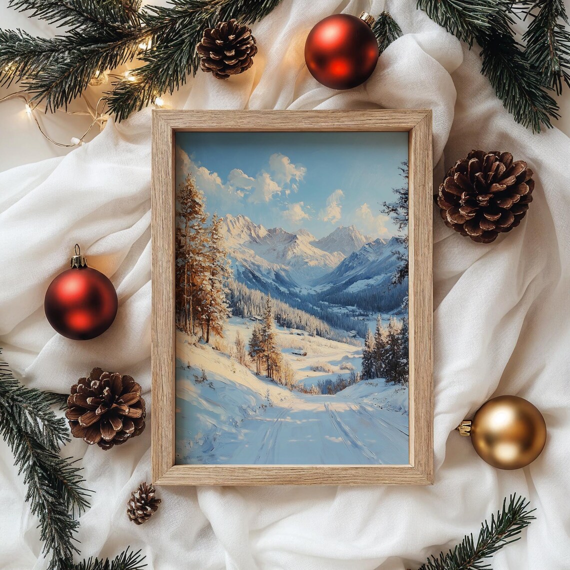 Bright Alpine Morning Snowy Forest Path To Snowy Peaks Oil Painting Poster - Image 4