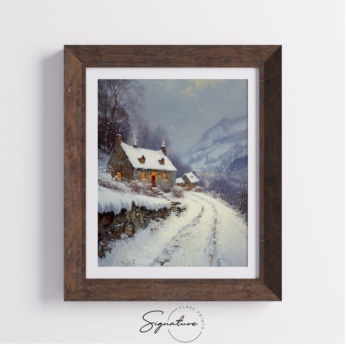 Stone Cottages on a Snowy Hillside Path at Winter Dusk Poster - Image 3