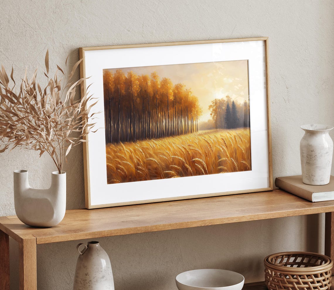 Golden Wheat Field at Sunrise Bordered by Autumn Forest Poster - Image 4