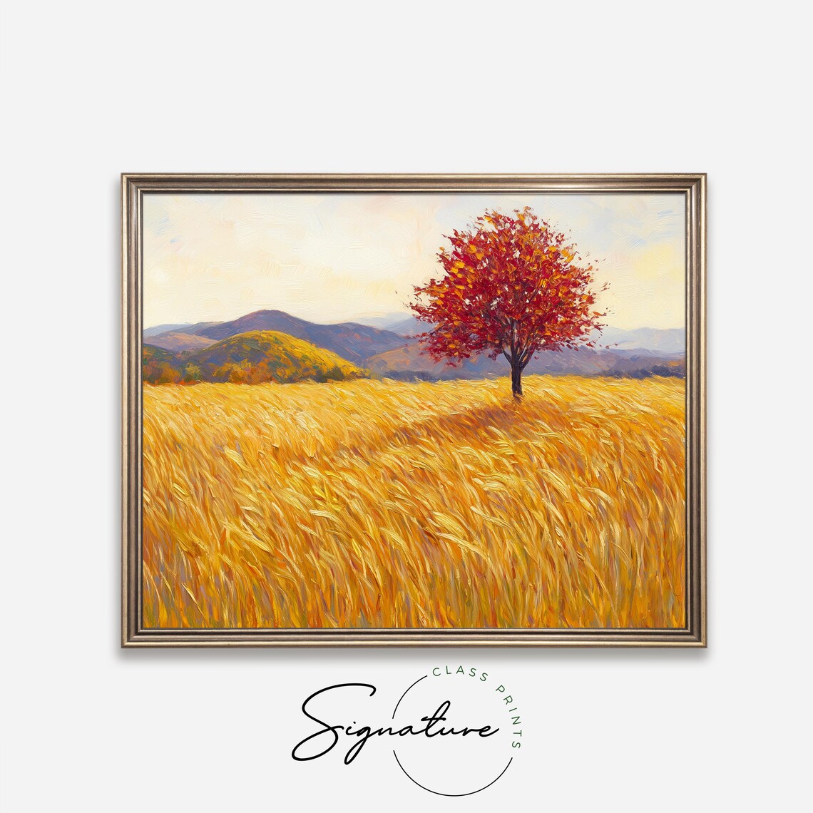 Lone Red Autumn Tree Golden Wheat Field Fall Landscape Painting Poster - Image 4