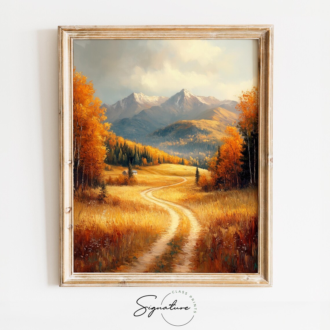 Golden Meadow Trail Cabin Snowy Mountain Vista Landscape Print