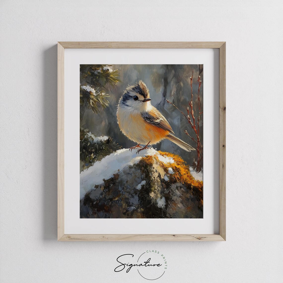 Small Crested Bird on Snowy Rock Winter Wildlife Oil Painting Print - Image 2