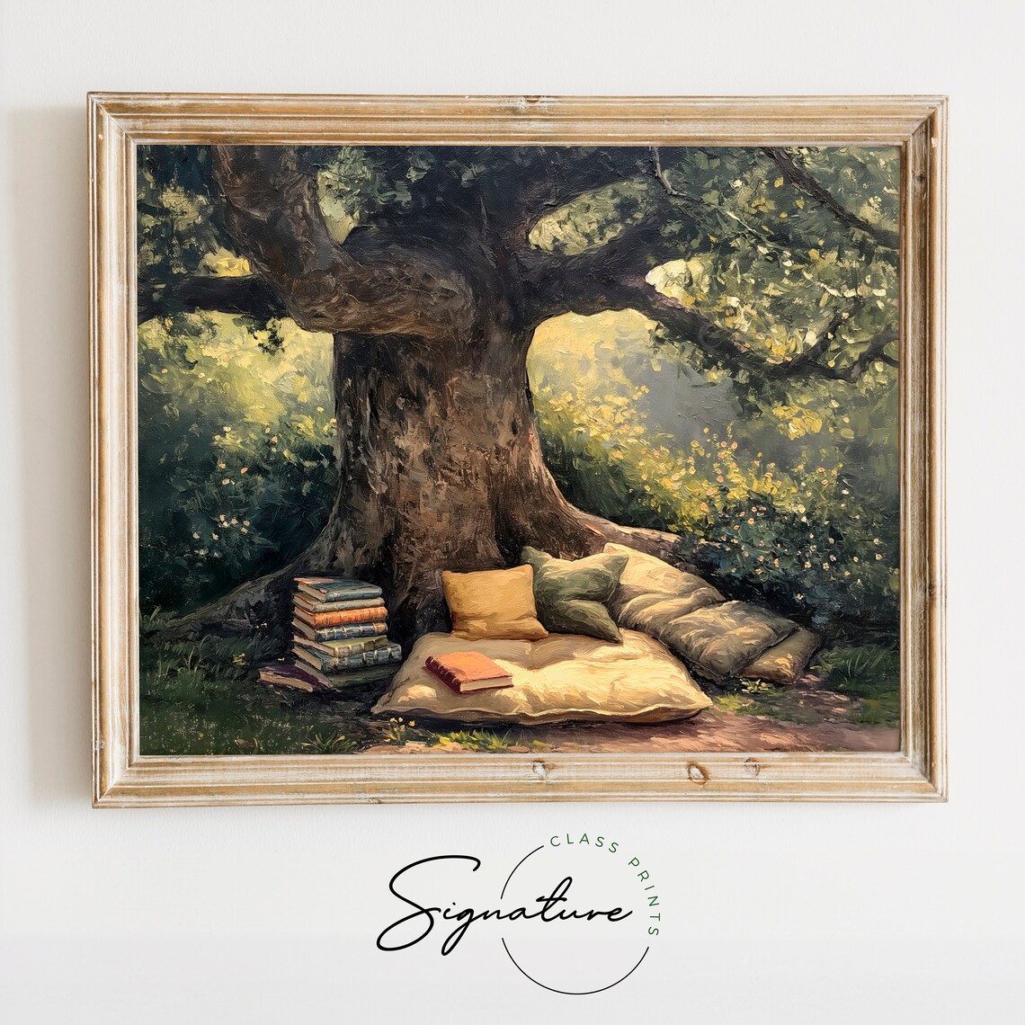 Cozy Reading Nook Under Tree Books Cushions Vintage Garden Oil Poster