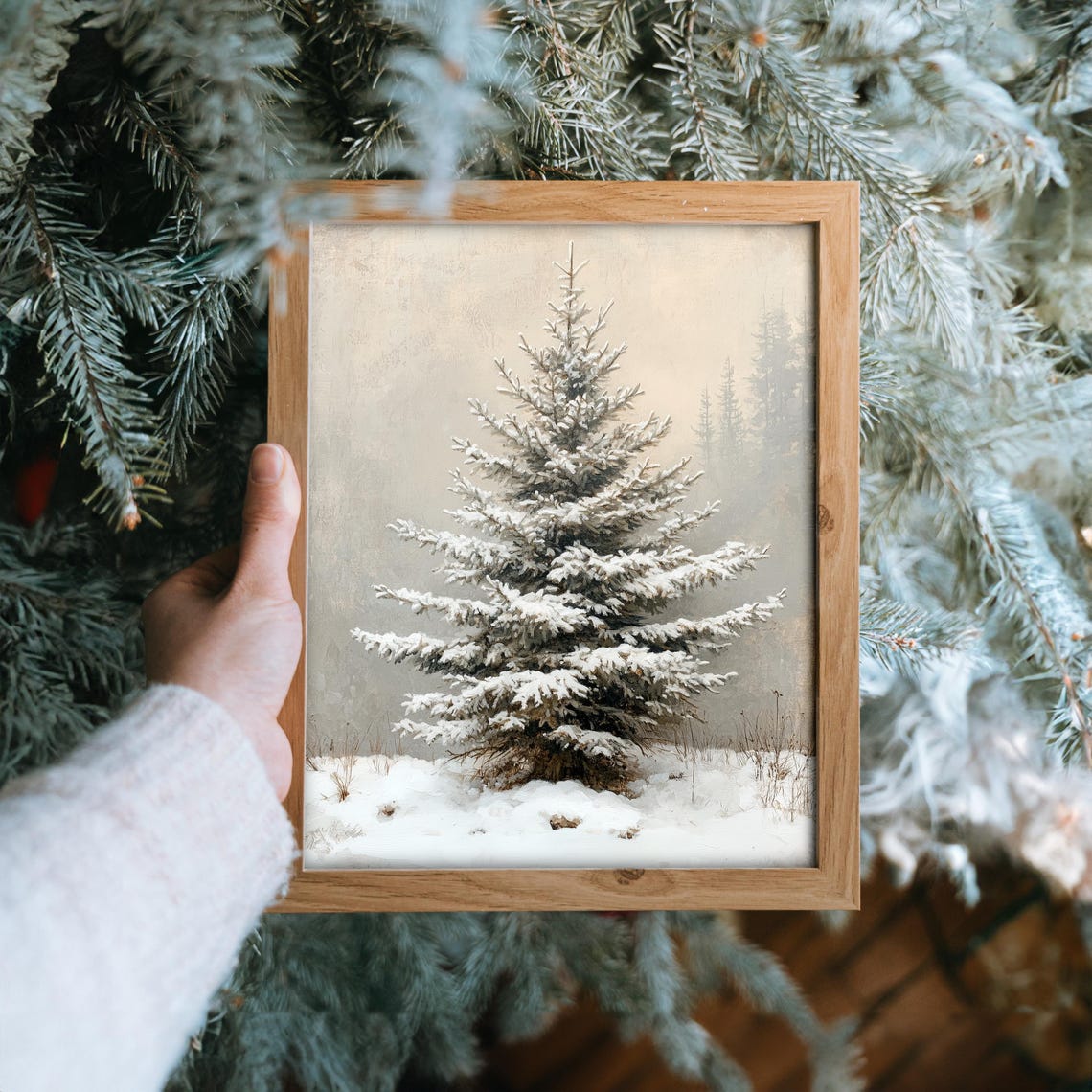 Lone Snowy Spruce Tree In A Quiet Winter Field Painting Poster - Image 6