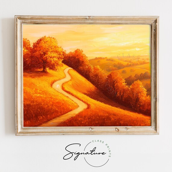 Autumn Hillside Path Painting Golden Sunset Fall Landscape Country Poster