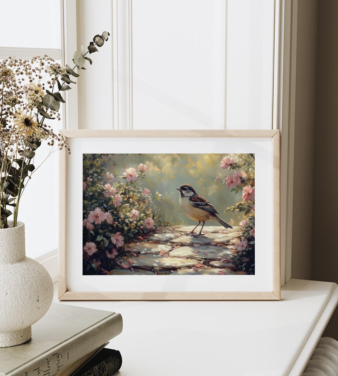 Sparrow On Stone Garden Path Among Pink Blooms Cottage Wall Art - Image 6