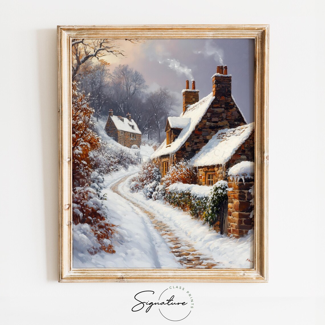 Snow Covered Stone Cottages on a Quiet Winter Lane at Dusk Poster
