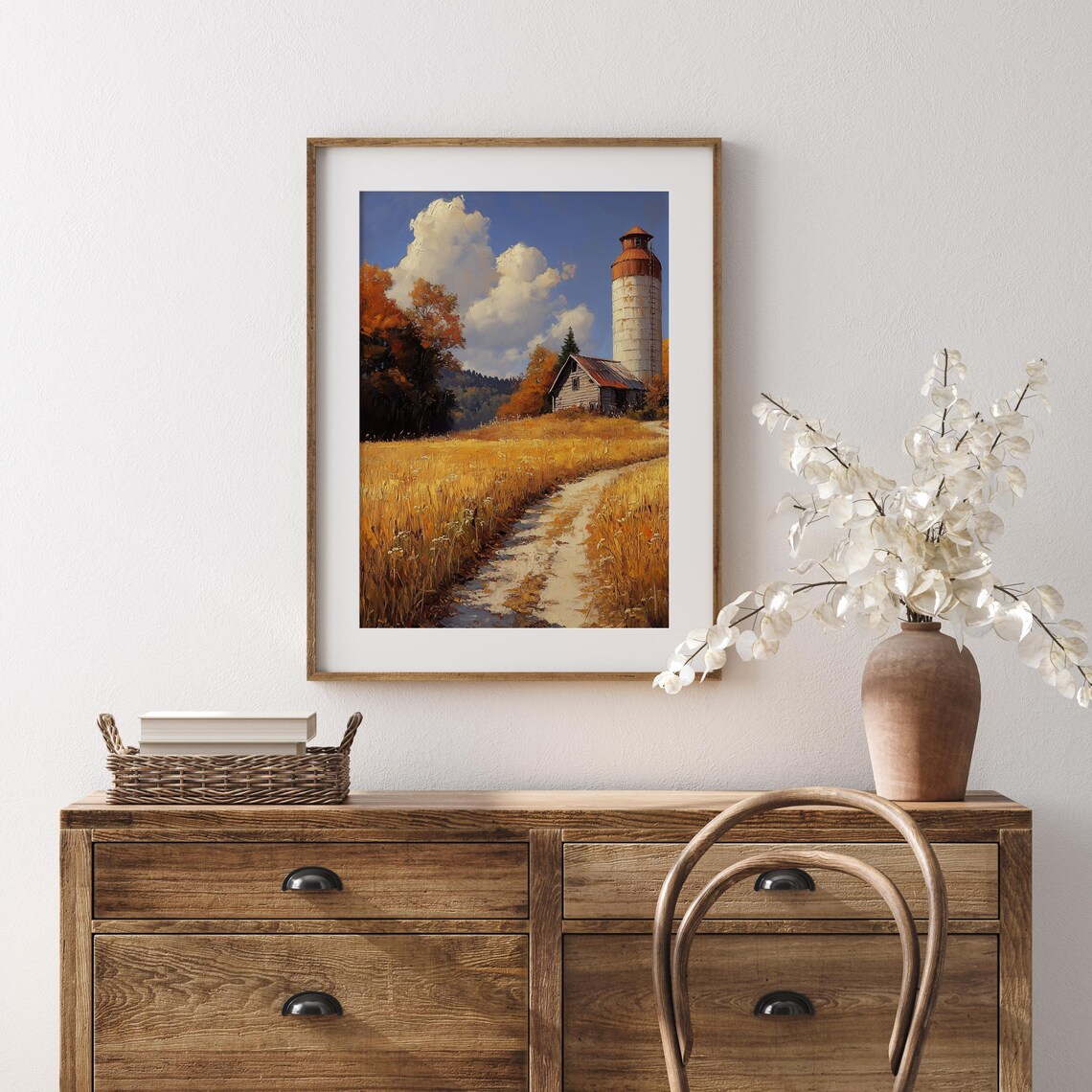 White Silo With Red Top and Wooden Barn on Golden Autumn Farm Road Wall Art - Image 5