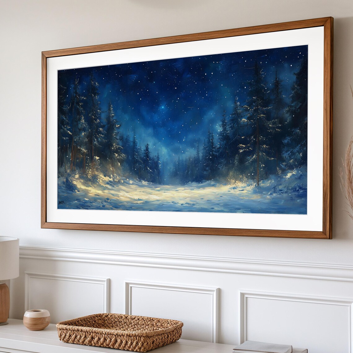 Starry Night Snowy Forest Art Print, Rustic Moody - Image 2