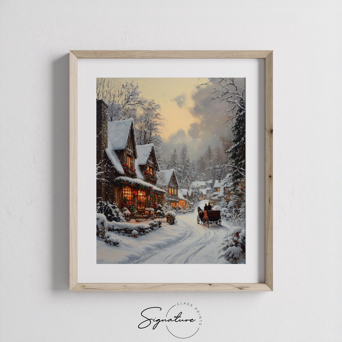 Christmas Village Street with Horse Carriage on Snowy Night Poster - Image 2
