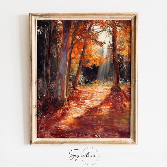 Moody Autumn Forest Path Sunbeams Fiery Fall Foliage Art Poster