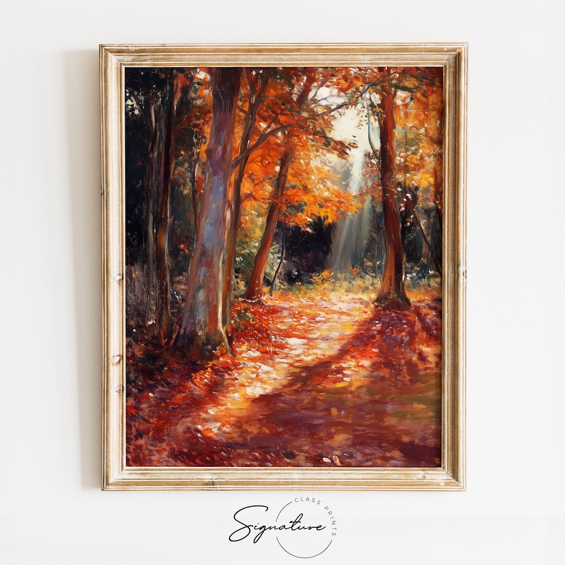 Moody Autumn Forest Path Sunbeams Fiery Fall Foliage Art Poster