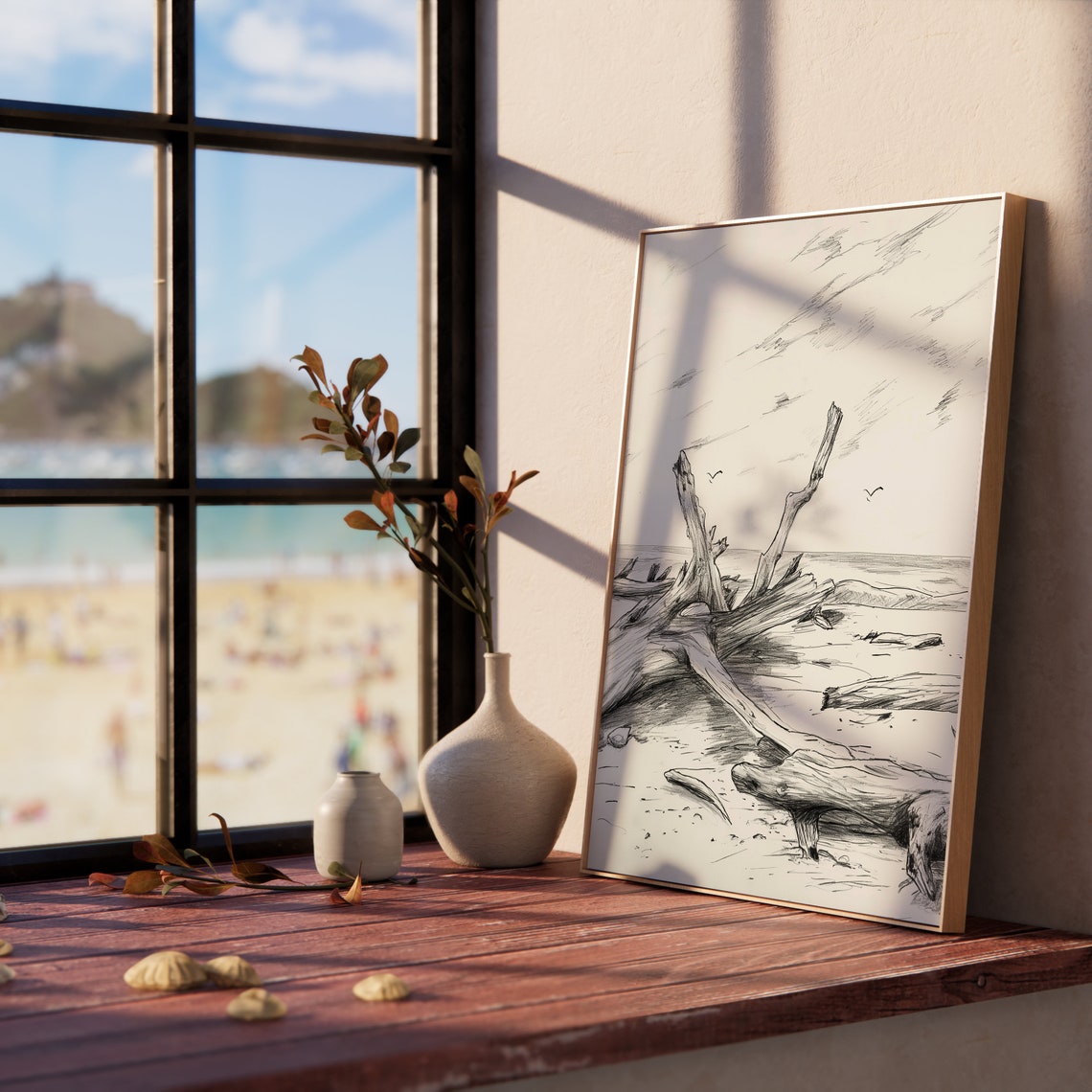 Driftwood On Windswept Beach Seabirds Monochrome Sketch Poster - Image 5