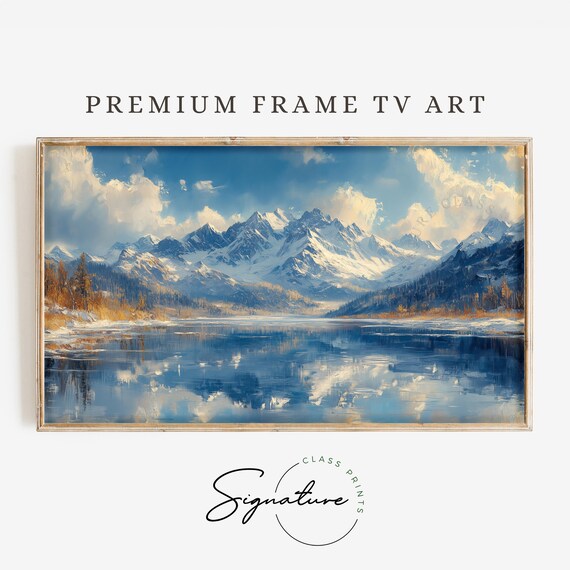Snow Capped Mountain Peaks Reflected In Calm Alpine Lake Winter Art Poster