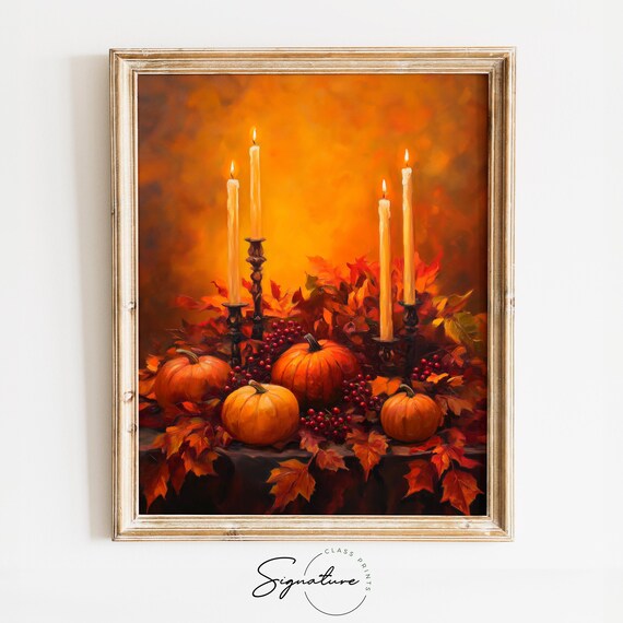 Autumn Pumpkins With Lit Candles And Berries Fall Still Life Poster